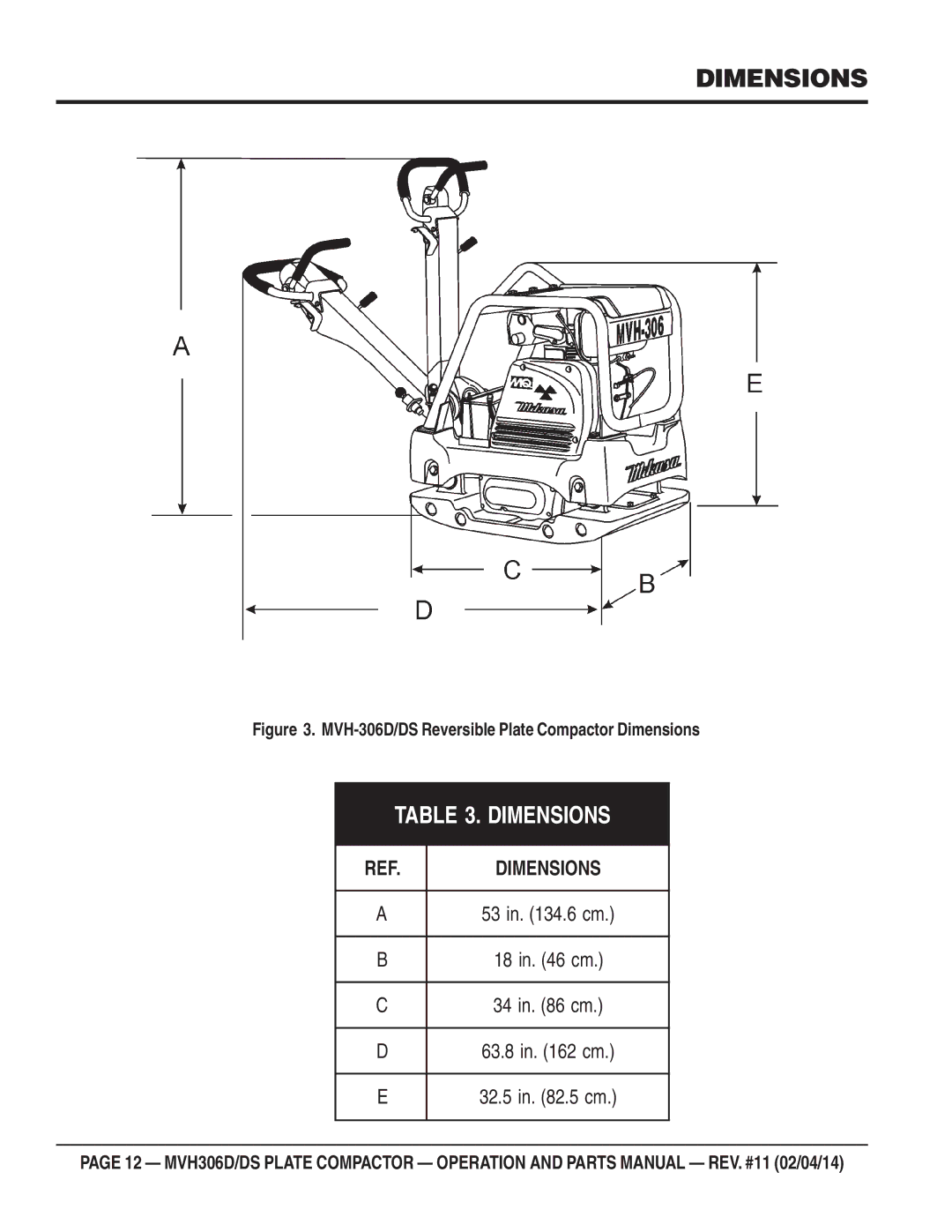 Multiquip MVH-306DS manual MVH-306D/DS Reversible Plate Compactor Dimensions 