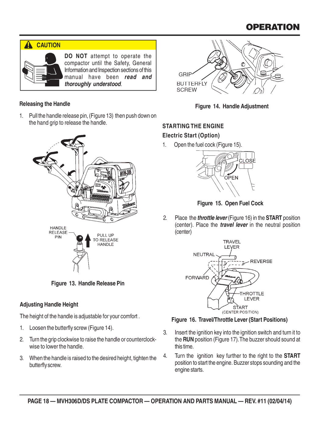 Multiquip MVH-306DS manual Operation, Releasing the Handle, Starting the Engine, Electric Start Option 