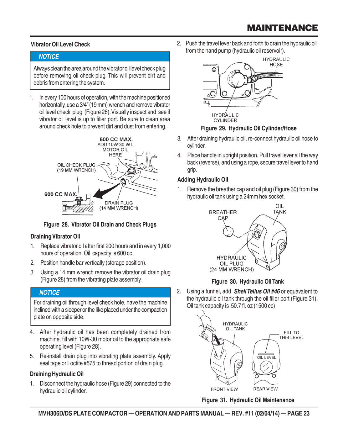 Multiquip MVH-306DS manual Vibrator Oil Level Check, Draining Hydraulic Oil, Adding Hydraulic Oil 