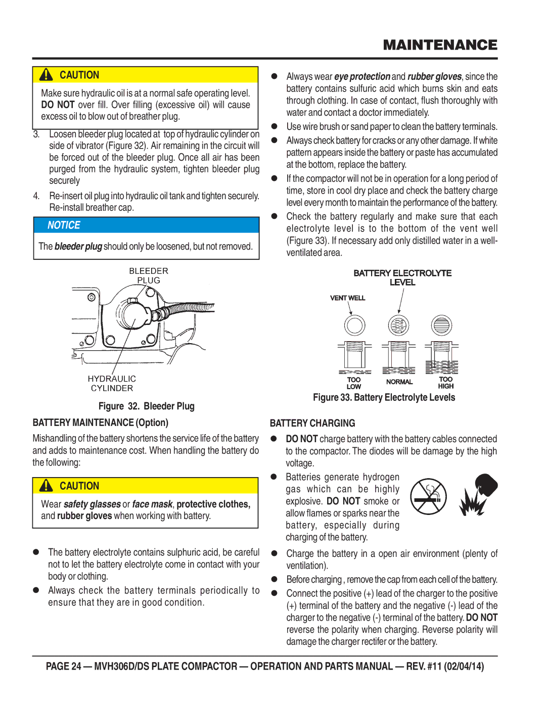 Multiquip MVH-306DS manual Bleeder Plug Battery Maintenance Option, Battery Charging 