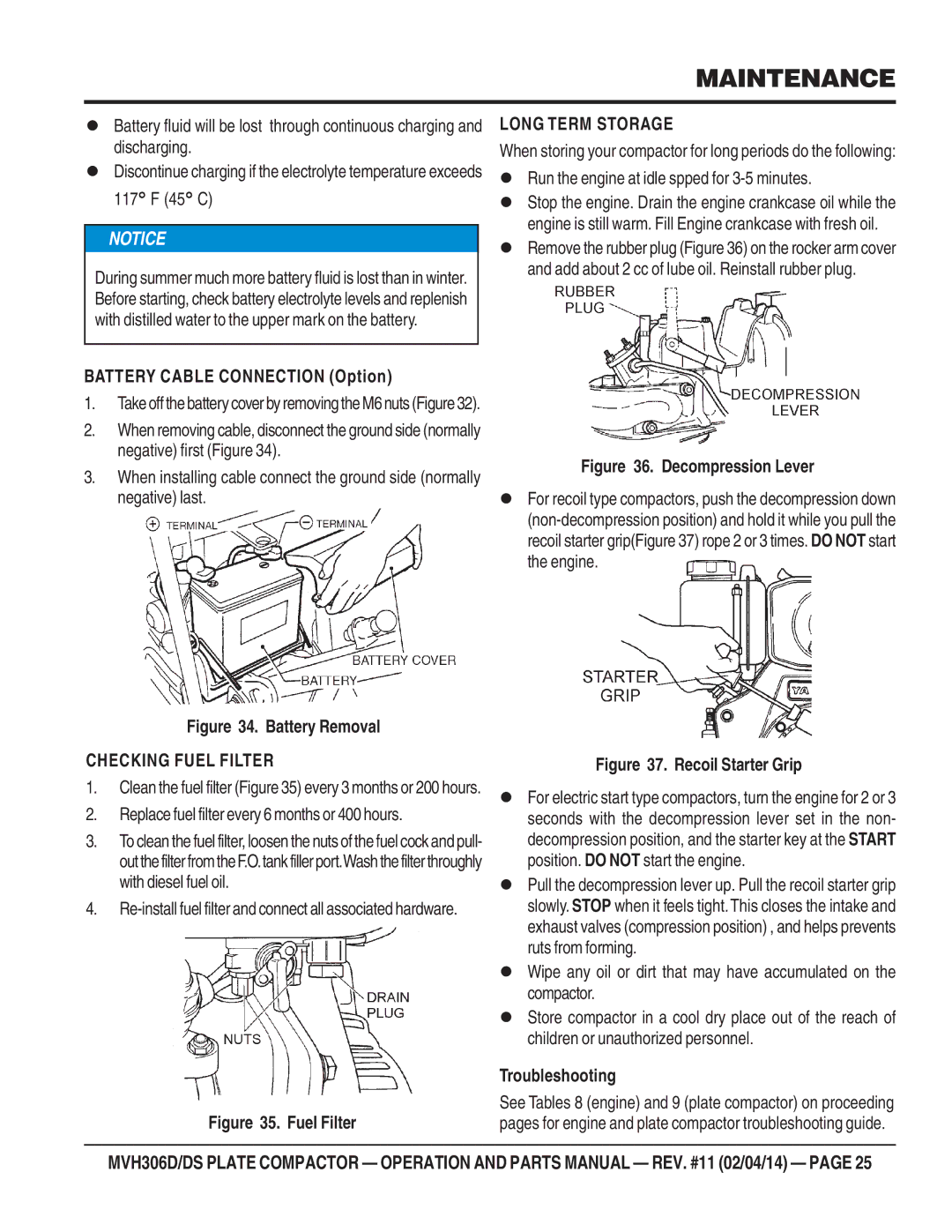 Multiquip MVH-306DS manual Battery Cable Connection Option, Long Term Storage, Checking Fuel Filter, Troubleshooting 