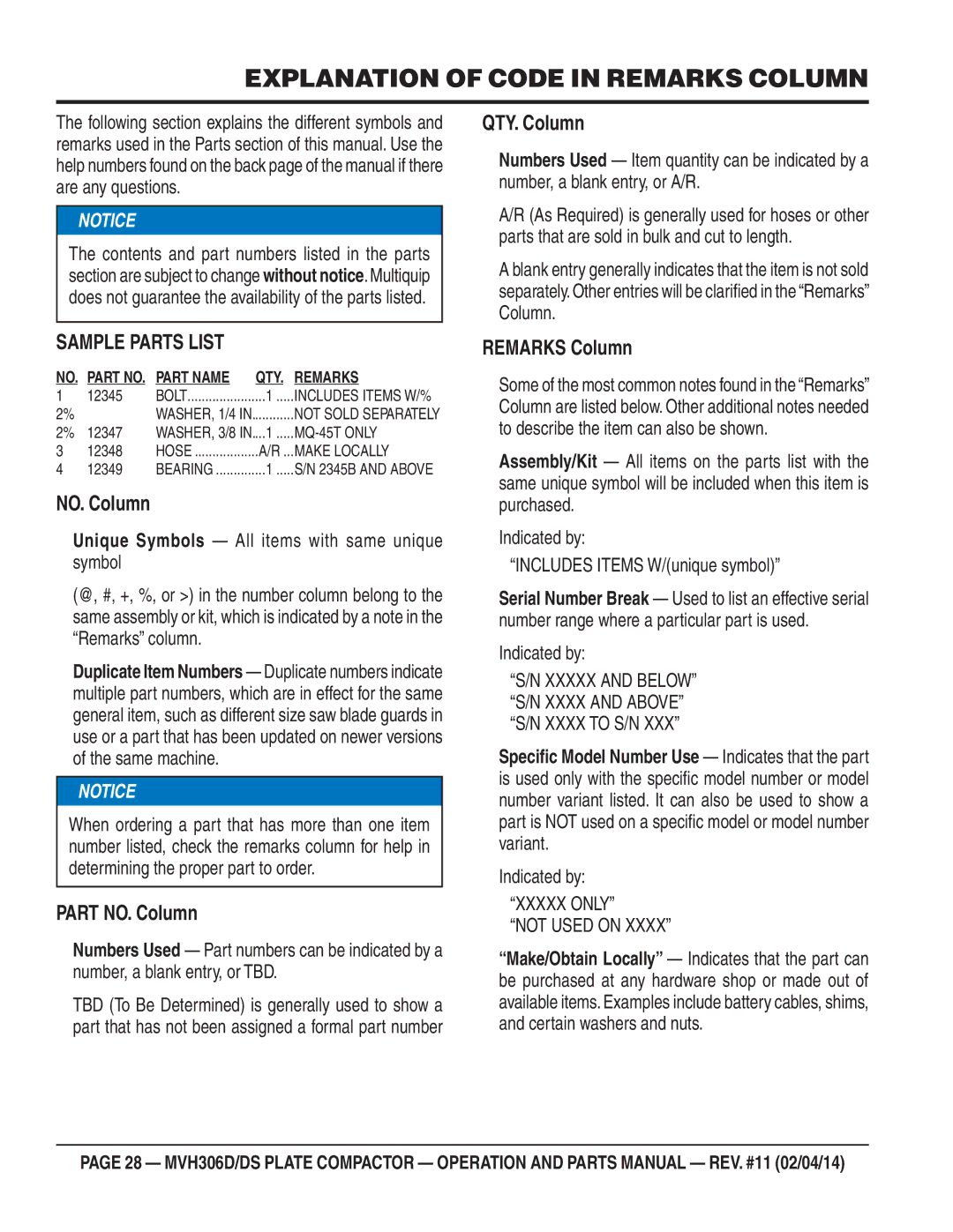 Multiquip MVH-306DS manual Explanation of Code in Remarks Column, Sample Parts List 