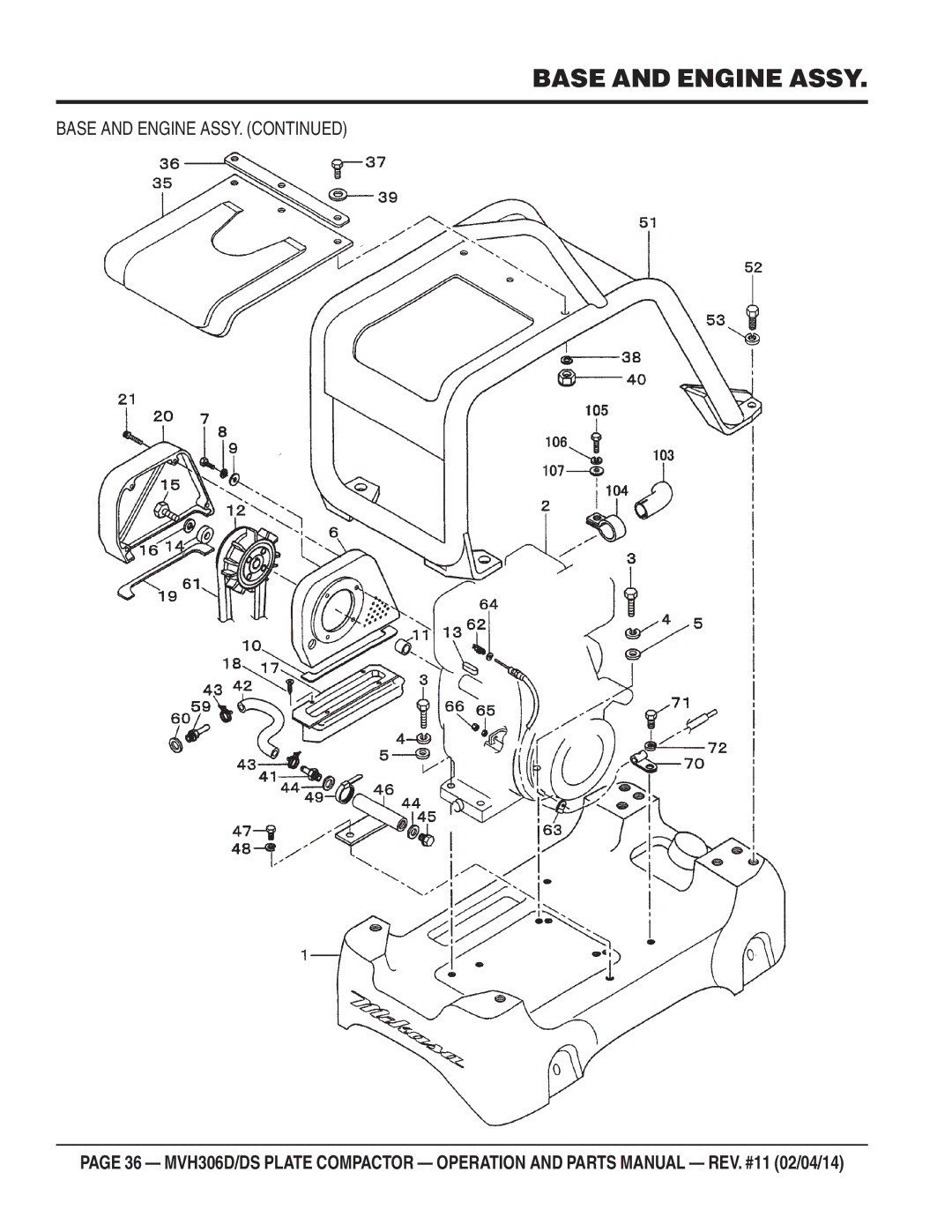 Multiquip MVH-306DS manual Base and Engine Assy 