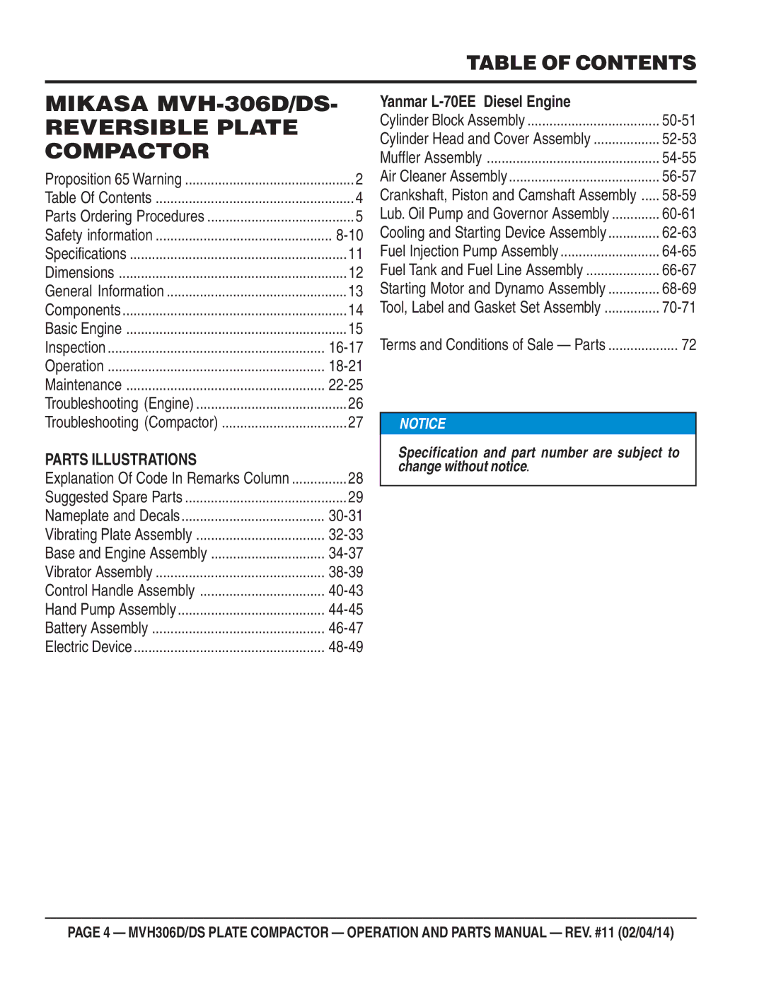 Multiquip MVH-306DS manual Mikasa MVH-306D/DS Reversible Plate Compactor, Table of Contents 