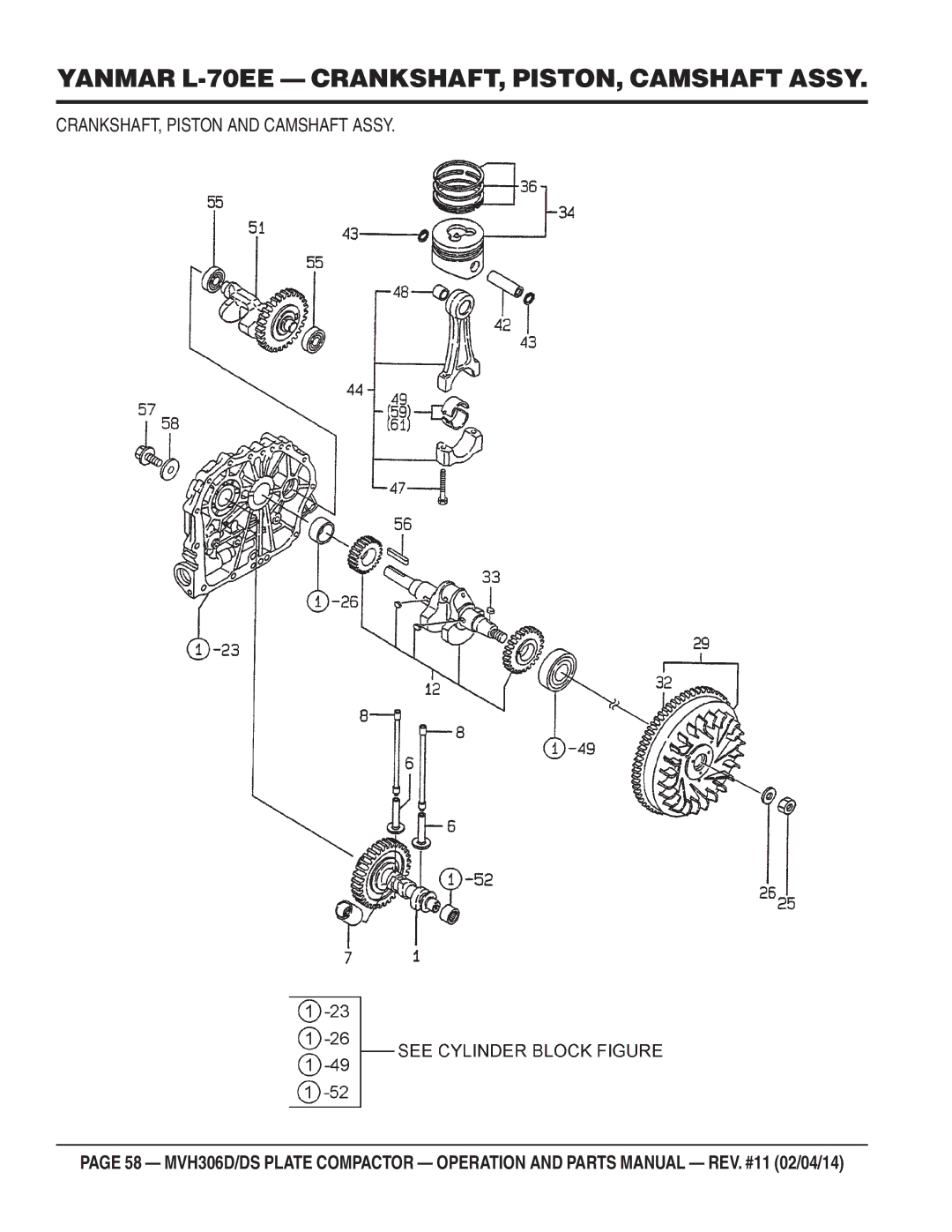 Multiquip MVH-306DS manual Yanmar L-70EE CRANKSHAFT, PISTON, Camshaft Assy 