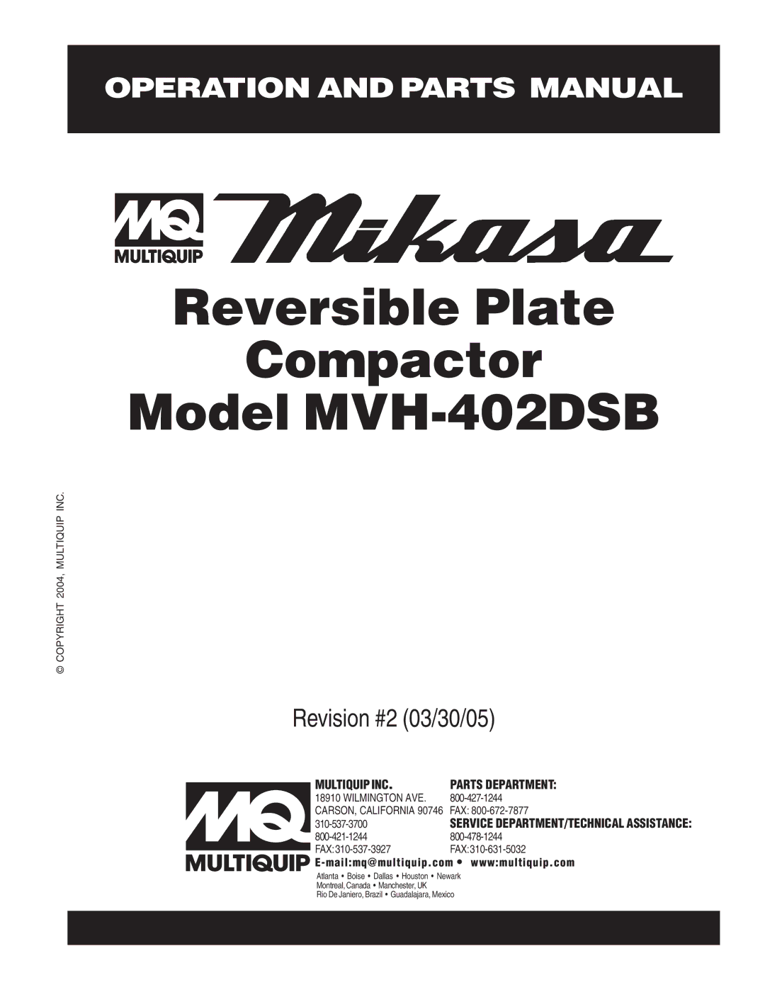 Multiquip manual Reversible Plate Compactor Model MVH-402DSB 