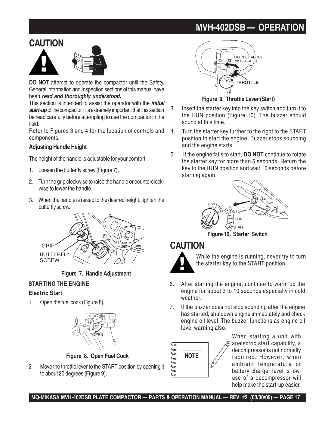 Multiquip manual MVH-402DSB Operation, Adjusting Handle Height, Electric Start 