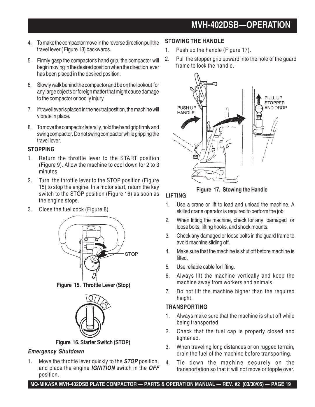 Multiquip MVH-402DSB manual Emergency Shutdown 