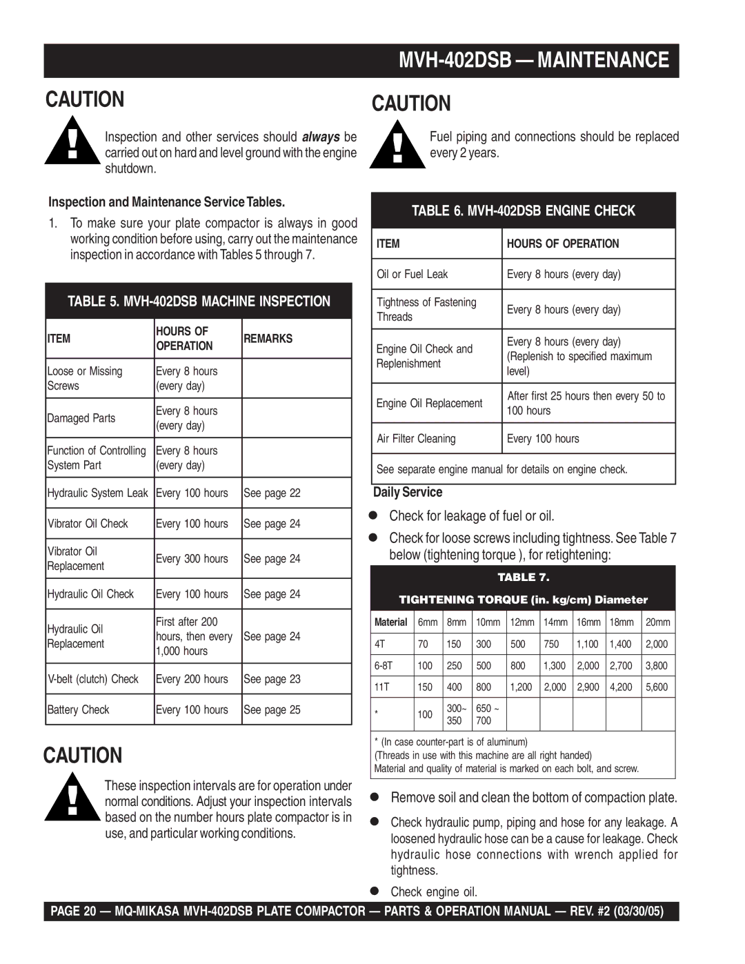 Multiquip manual MVH-402DSB Maintenance, Inspection and Maintenance Service Tables, Daily Service 