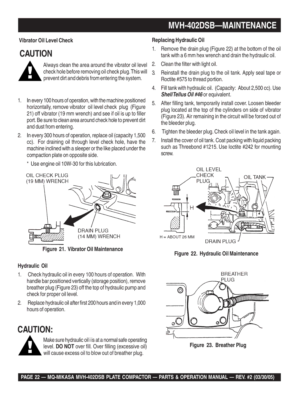 Multiquip manual MVH-402DSB-MAINTENANCE, Vibrator Oil Level Check, Replacing Hydraulic Oil 