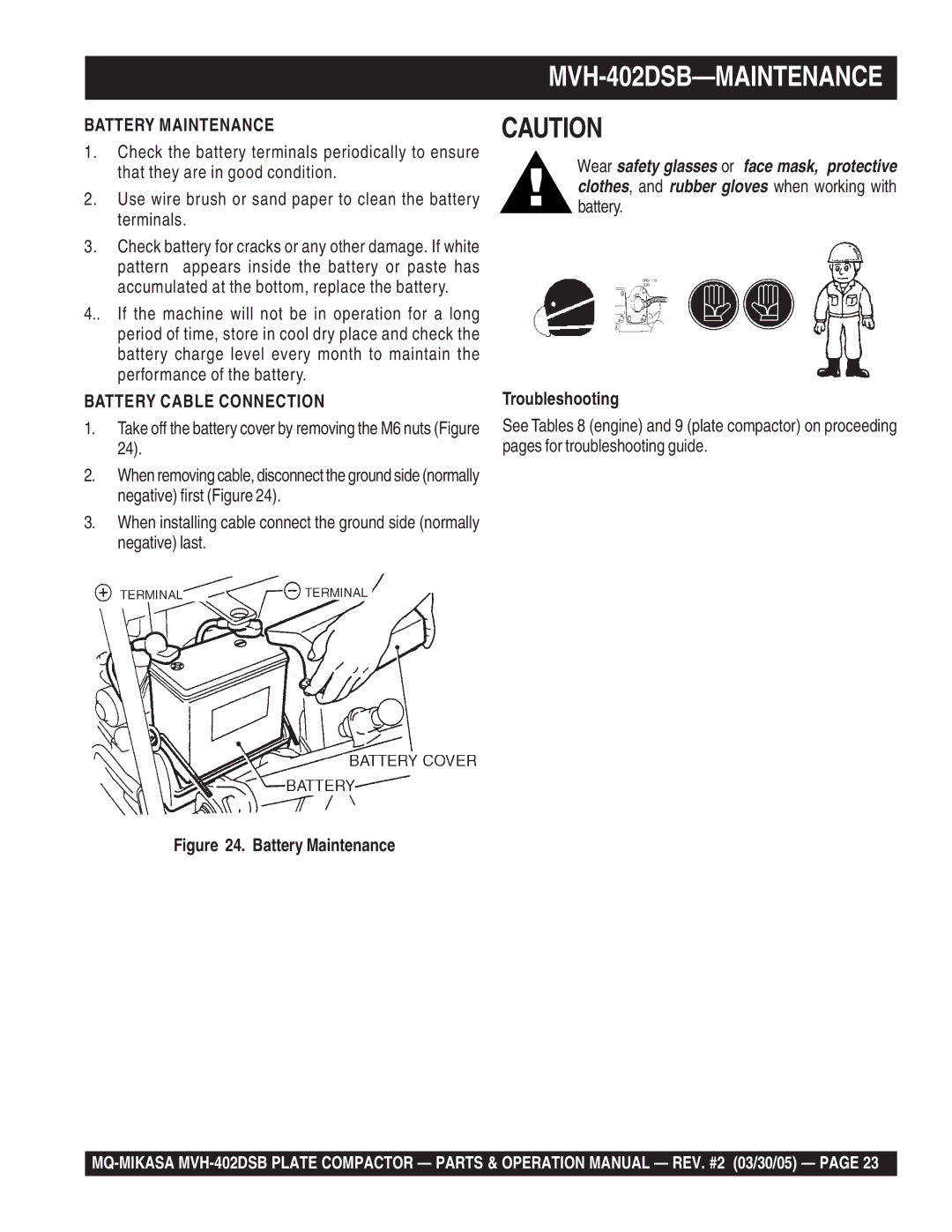 Multiquip MVH-402DSB manual Battery Maintenance, Troubleshooting 