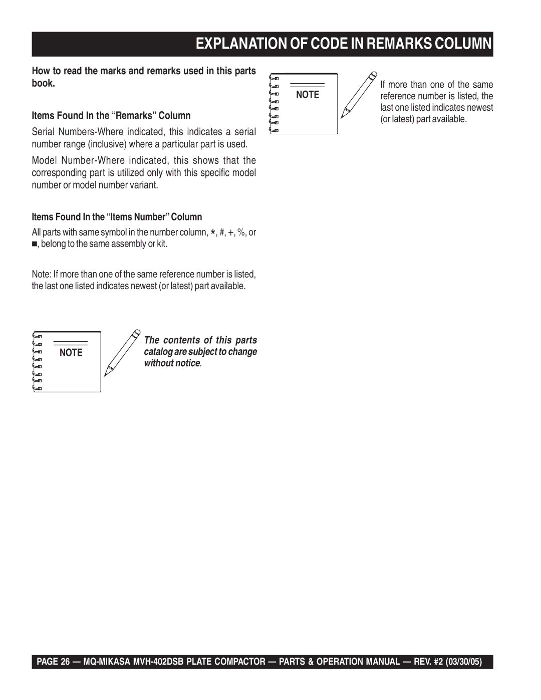 Multiquip MVH-402DSB manual Explanation of Code in Remarks Column, Or latest part available 