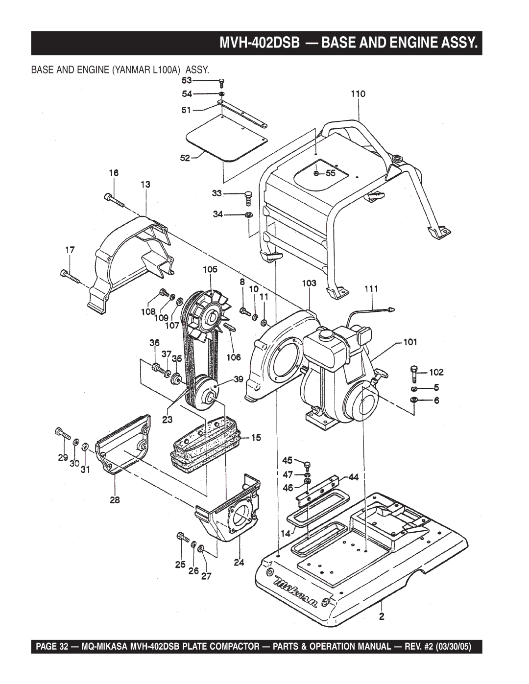 Multiquip manual MVH-402DSB Base and Engine Assy, Base and Engine Yanmar L100A Assy 