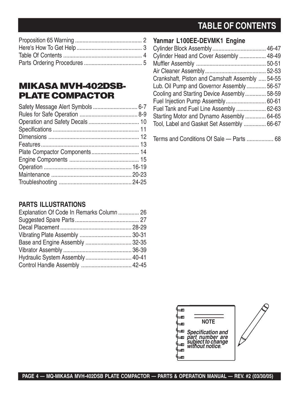 Multiquip MVH-402DSB manual Table of Contents 