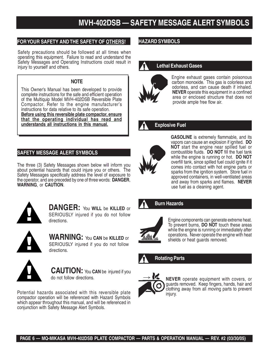 Multiquip manual MVH-402DSB Safety Message Alert Symbols 