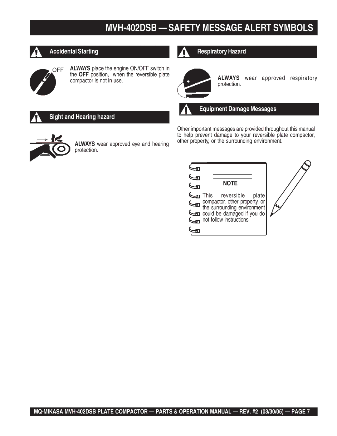 Multiquip manual MVH-402DSB Safety Message Alert Symbols 