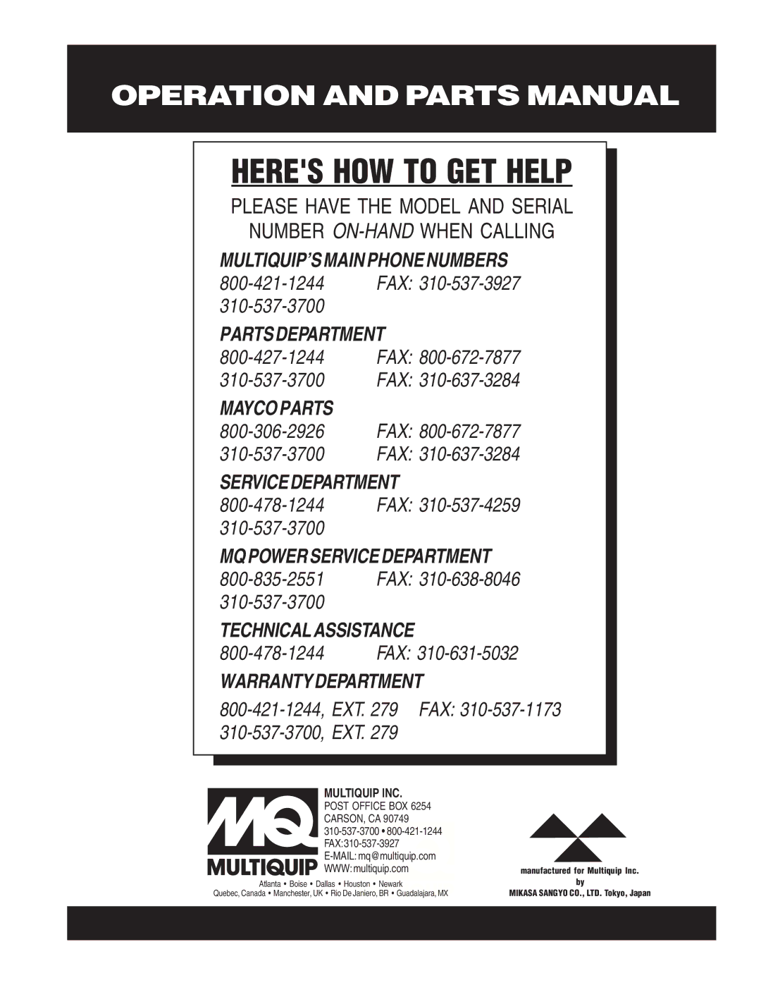 Multiquip MVH-402DSB manual Technicalassistance 