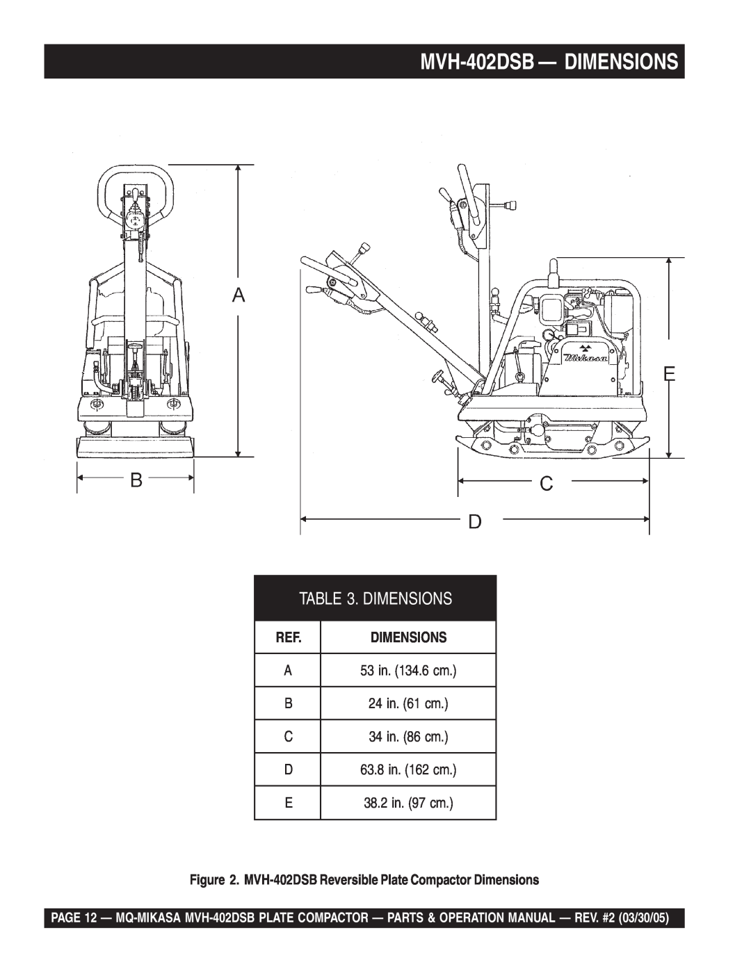 Multiquip manual MVH-402DSB- DIMENSIONS, Dimensions 