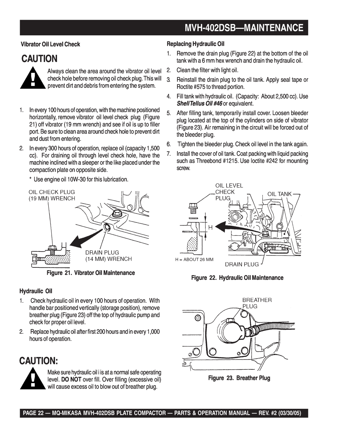 Multiquip manual MVH-402DSB-MAINTENANCE, Vibrator Oil Level Check, Vibrator Oil Maintenance Hydraulic Oil 