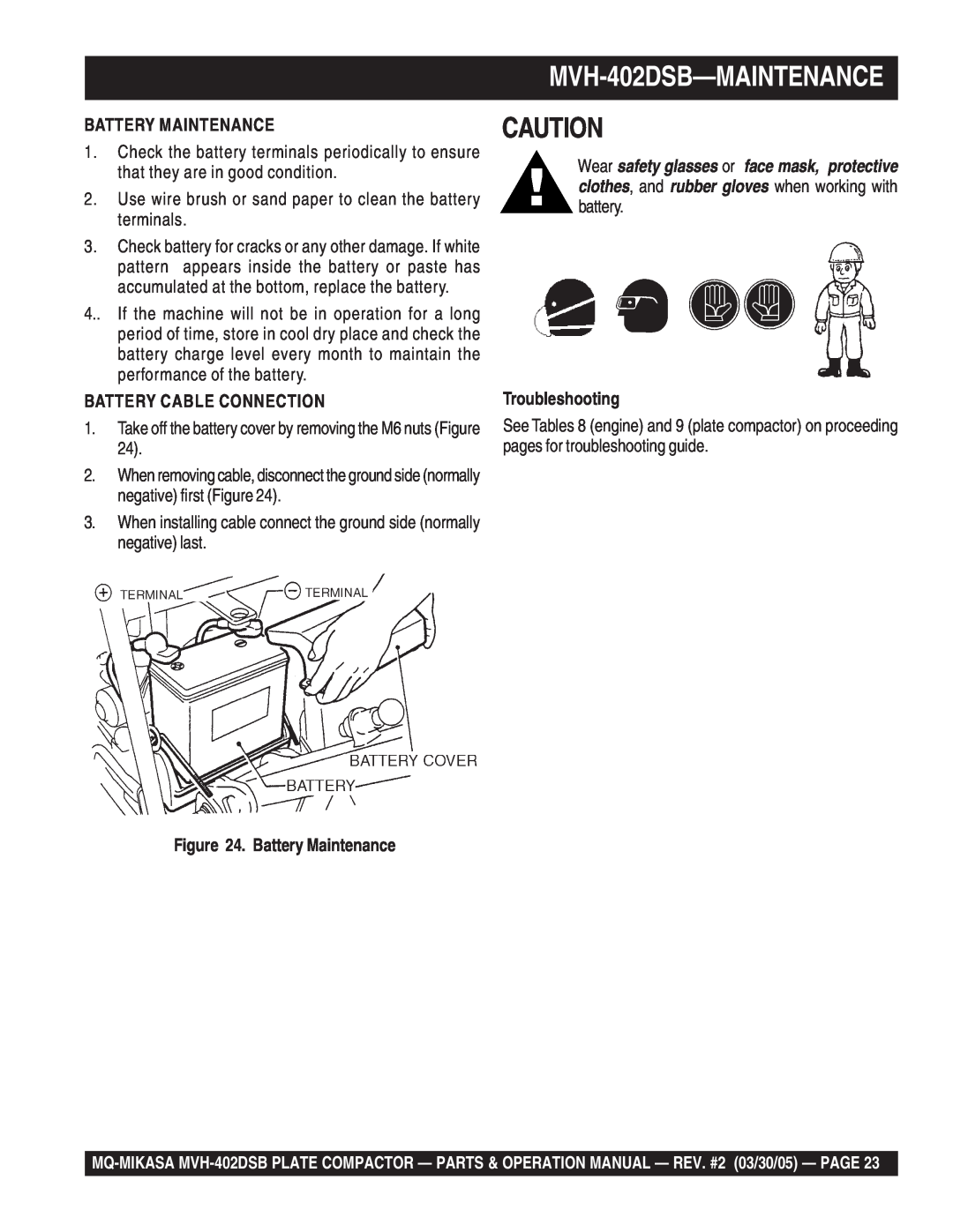 Multiquip manual MVH-402DSB-MAINTENANCE, Battery Maintenance, Battery Cable Connection, Troubleshooting 