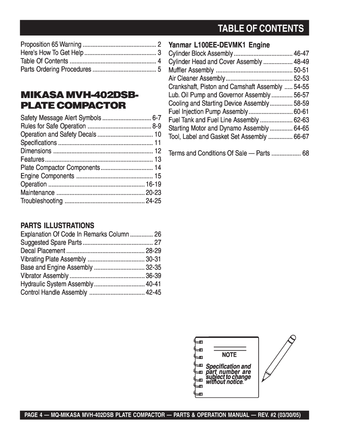 Multiquip Table Of Contents, MIKASA MVH-402DSB, Plate Compactor, Yanmar L100EE-DEVMK1Engine, Parts Illustrations, 28-29 