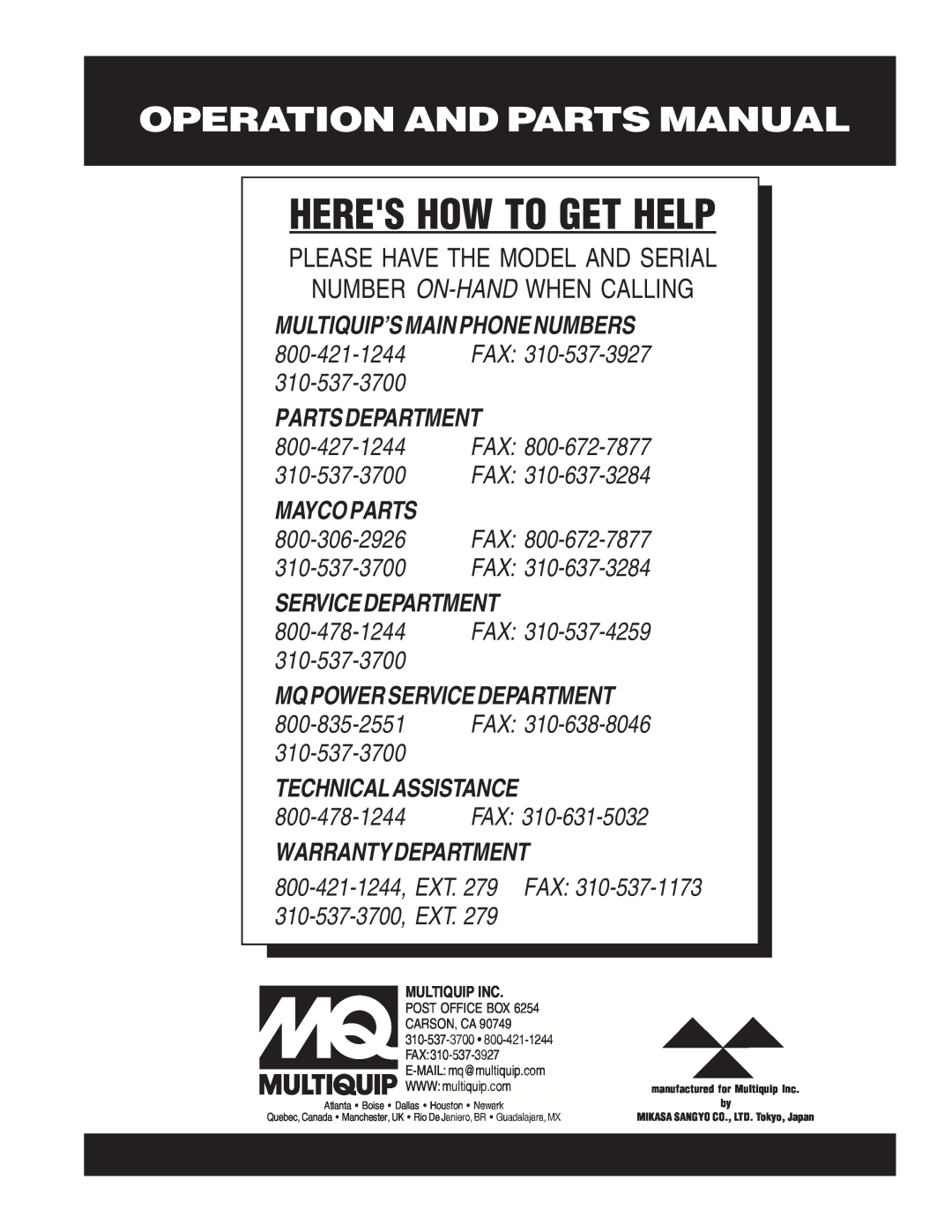 Multiquip MVH-402DSB Technicalassistance, Heres How To Get Help, Operation And Parts Manual, Number On-Hand When Calling 