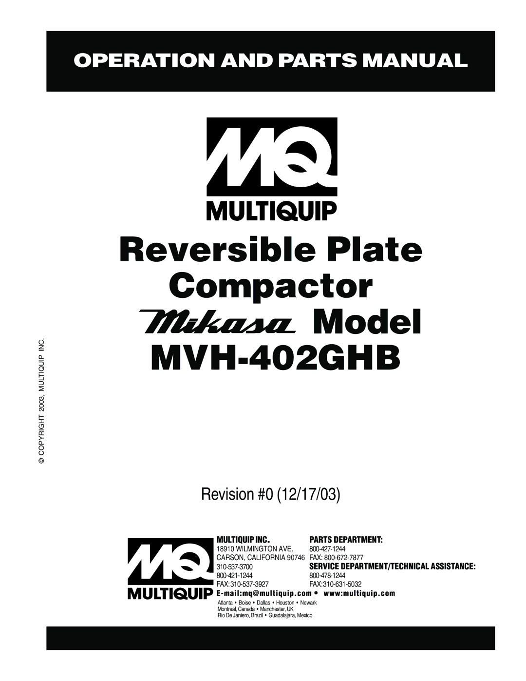 Multiquip MVH-402GHB manual 