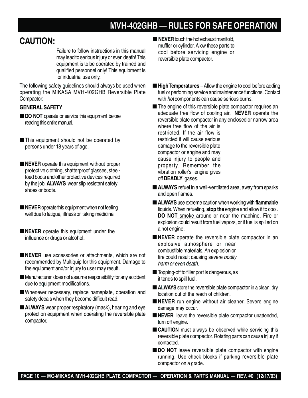 Multiquip manual MVH-402GHB Rules for Safe Operation 