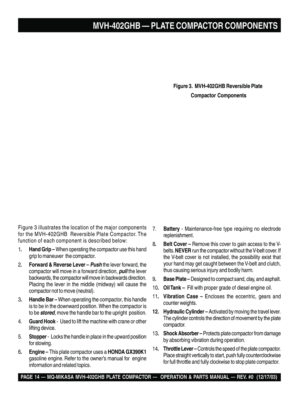 Multiquip manual MVH-402GHB Plate Compactor Components 