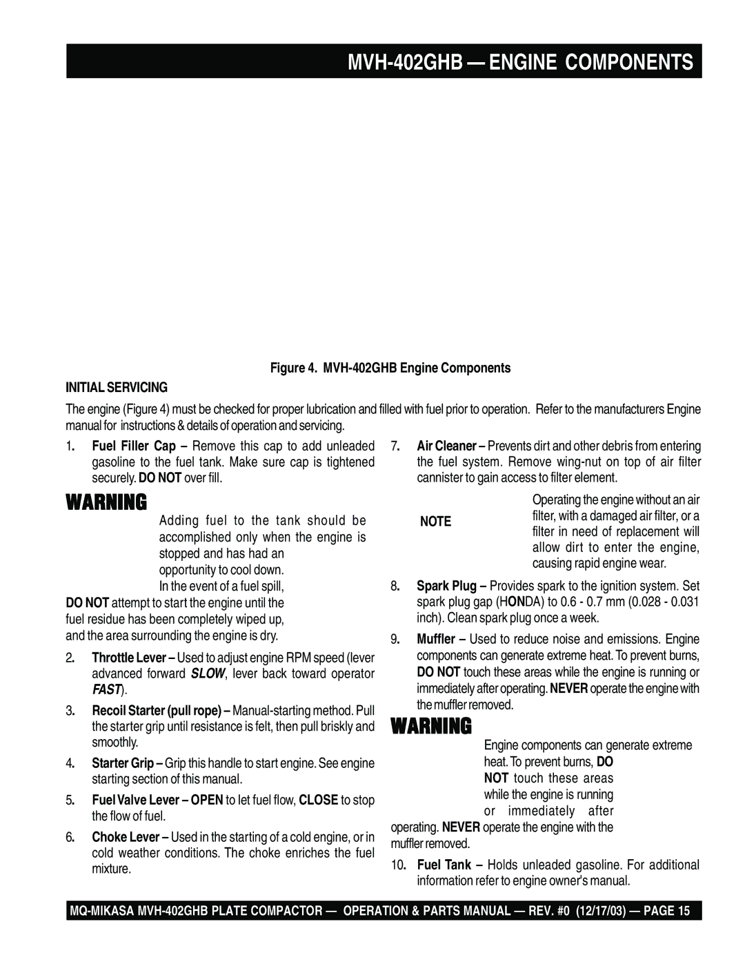 Multiquip MVH-402GHB Smoothly, Starting section of this manual, Flow of fuel, Mixture 