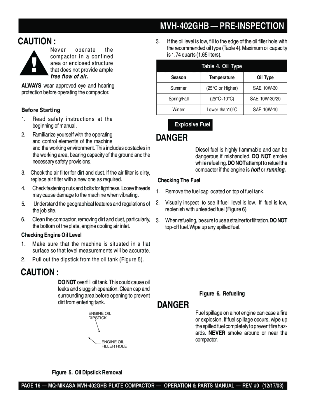 Multiquip manual MVH-402GHB PRE-INSPECTION, Before Starting, Checking Engine Oil Level, Checking The Fuel 