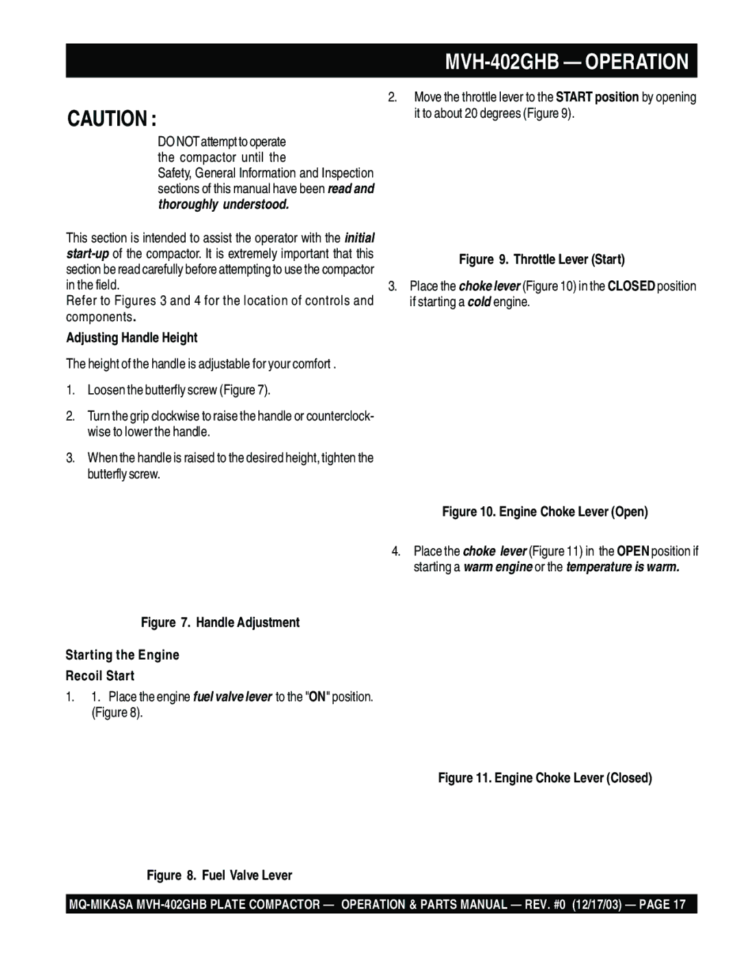 Multiquip MVH-402GHB manual Adjusting Handle Height, Throttle Lever Start 