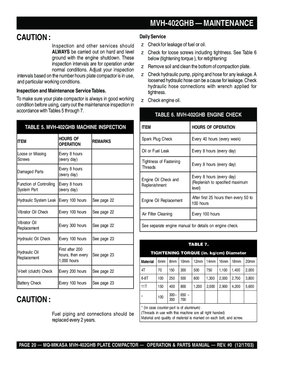 Multiquip manual MVH-402GHB Maintenance, Inspection and Maintenance Service Tables, Daily Service 