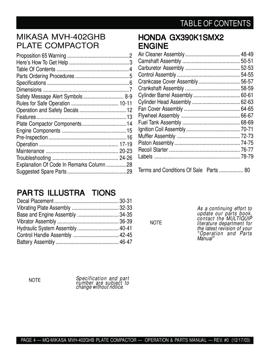 Multiquip MVH-402GHB manual Table of Contents 