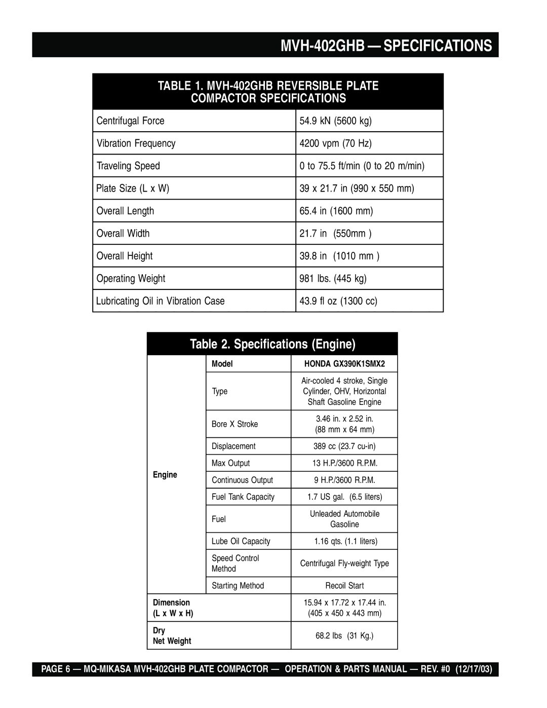 Multiquip manual MVH-402GHB Specifications, MVH-402GHB Reversible Plate Compactor Specifications 