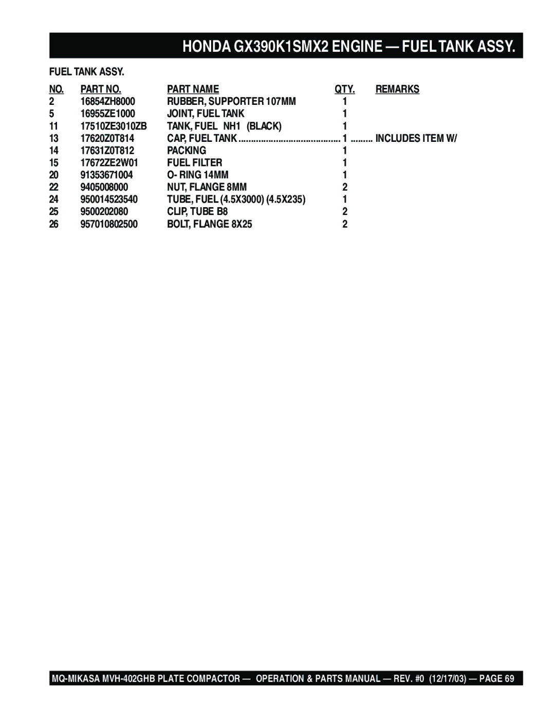 Multiquip MVH-402GHB manual TUBE, Fuel 4.5X3000 