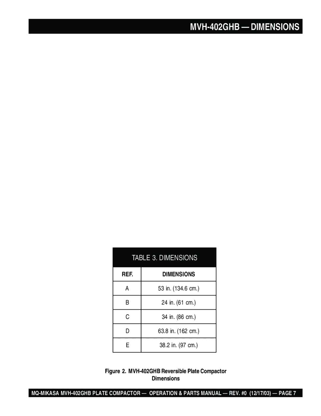 Multiquip manual MVH-402GHB Dimensions 