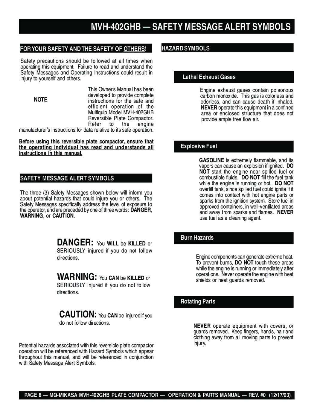 Multiquip manual MVH-402GHB Safety Message Alert Symbols, Seriously injured if you do not follow directions 