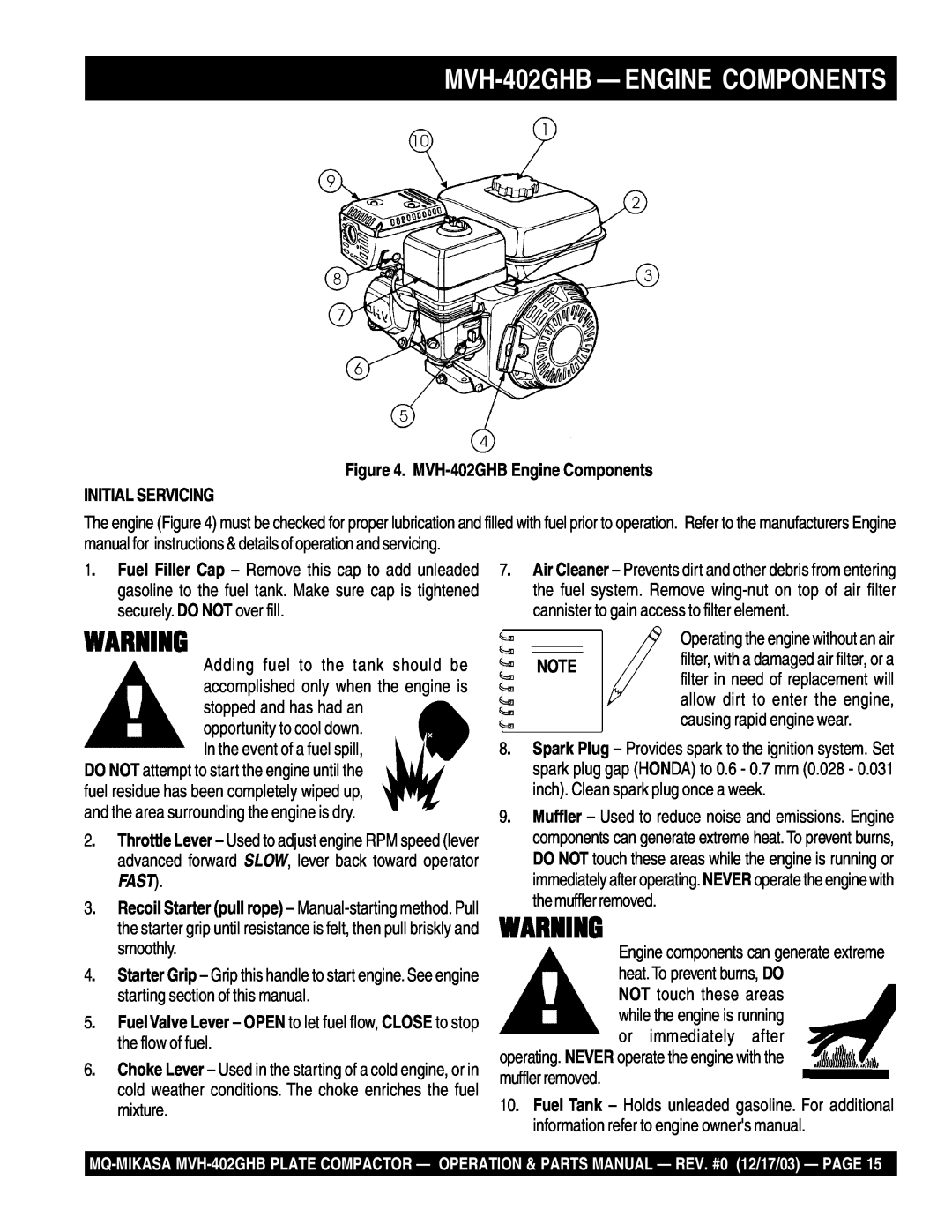 Multiquip manual MVH-402GHB- ENGINE COMPONENTS, MVH-402GHBEngine Components, Initial Servicing, Fast 