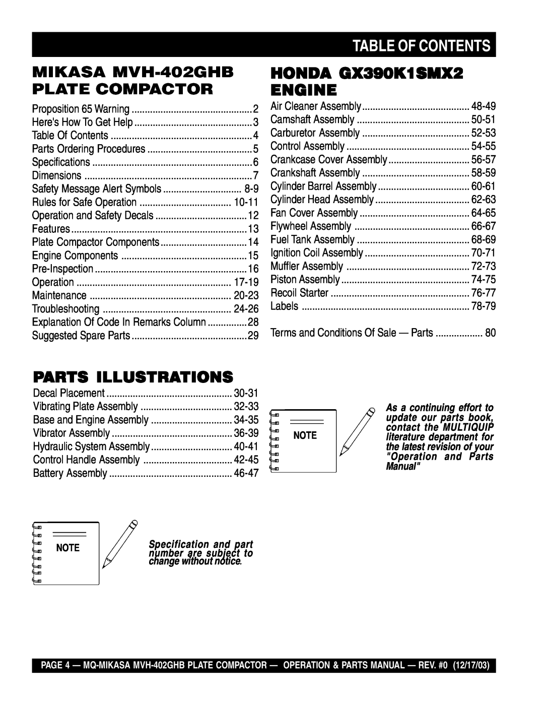 Multiquip manual Table Of Contents, MIKASA MVH-402GHB PLATE COMPACTOR, HONDA GX390K1SMX2 ENGINE, Parts Illustrations 
