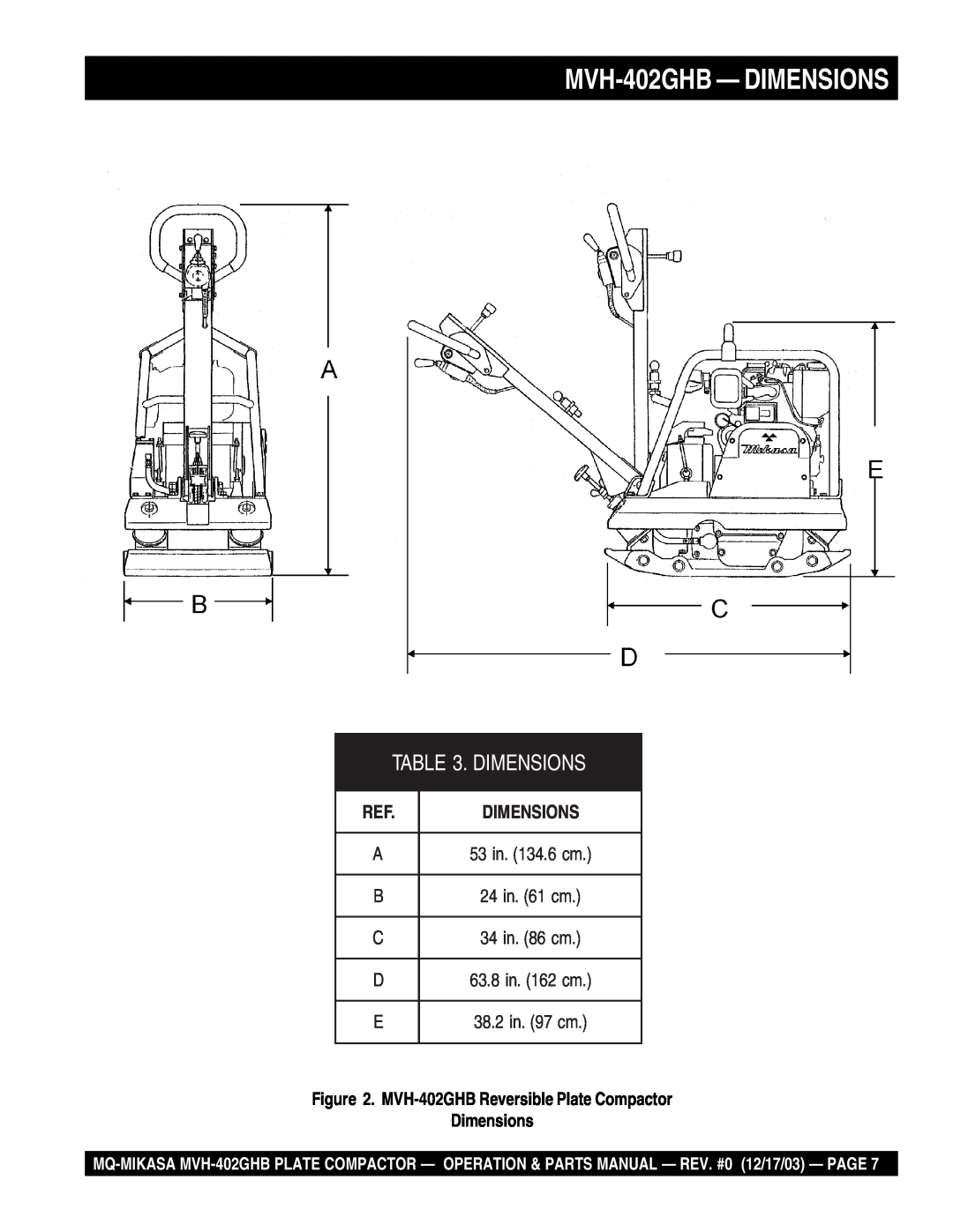 Multiquip manual MVH-402GHB- DIMENSIONS, Dimensions, MVH-402GHBReversible Plate Compactor 