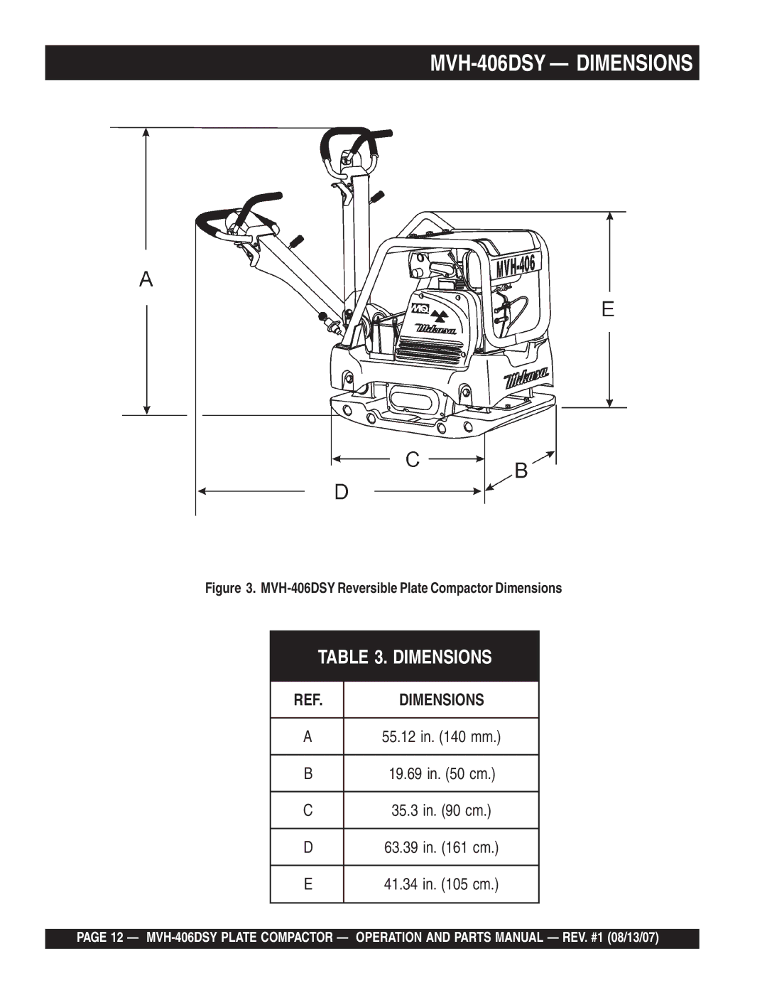 Multiquip manual MVH-406DSY Dimensions, MVH-406DSY Reversible Plate Compactor Dimensions 