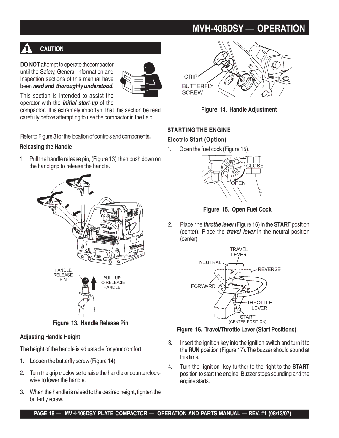 Multiquip manual MVH-406DSY Operation, Releasing the Handle, Electric Start Option 