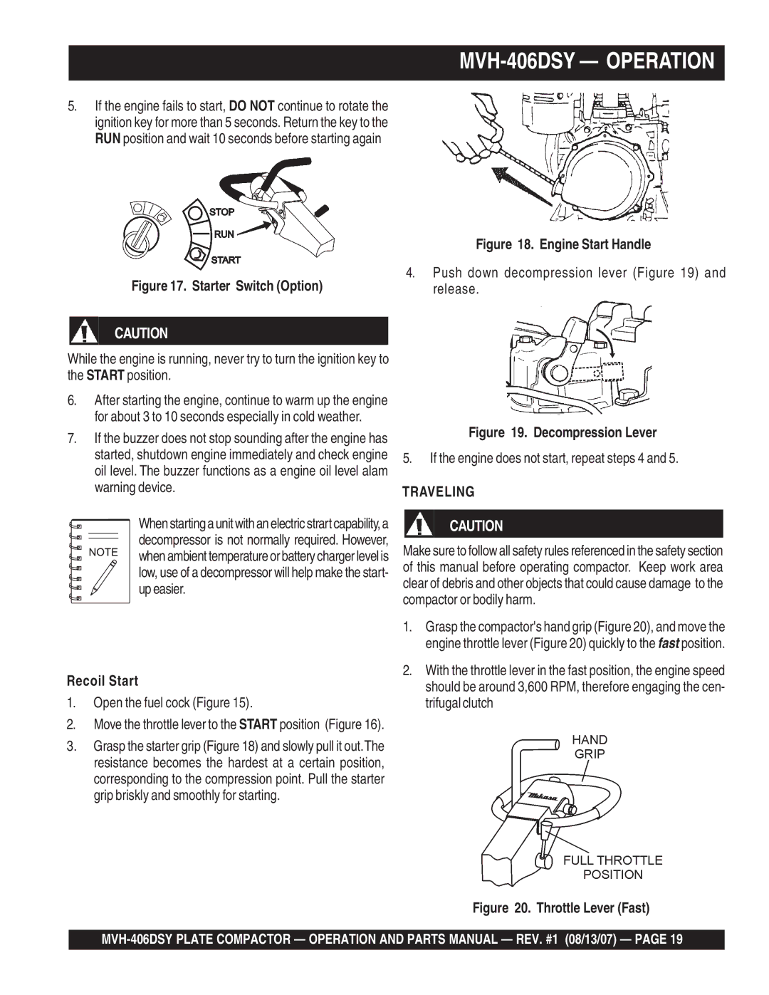 Multiquip MVH-406DSY manual Starter Switch Option, Recoil Start 