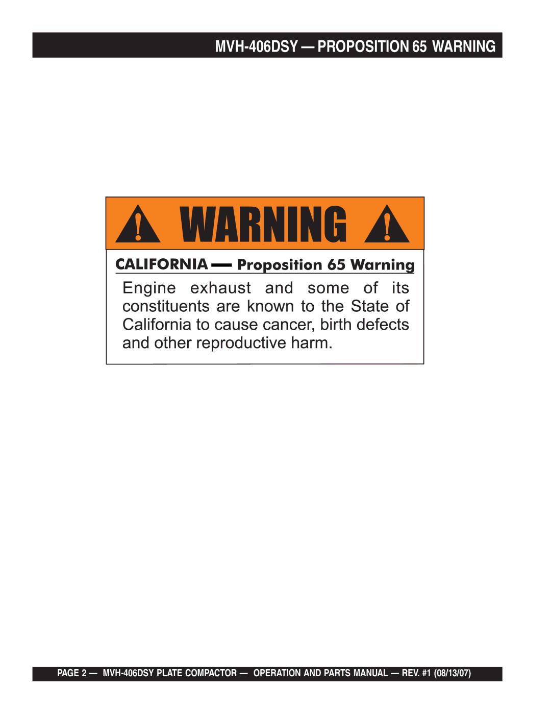 Multiquip manual MVH-406DSY Proposition 65 Warning 