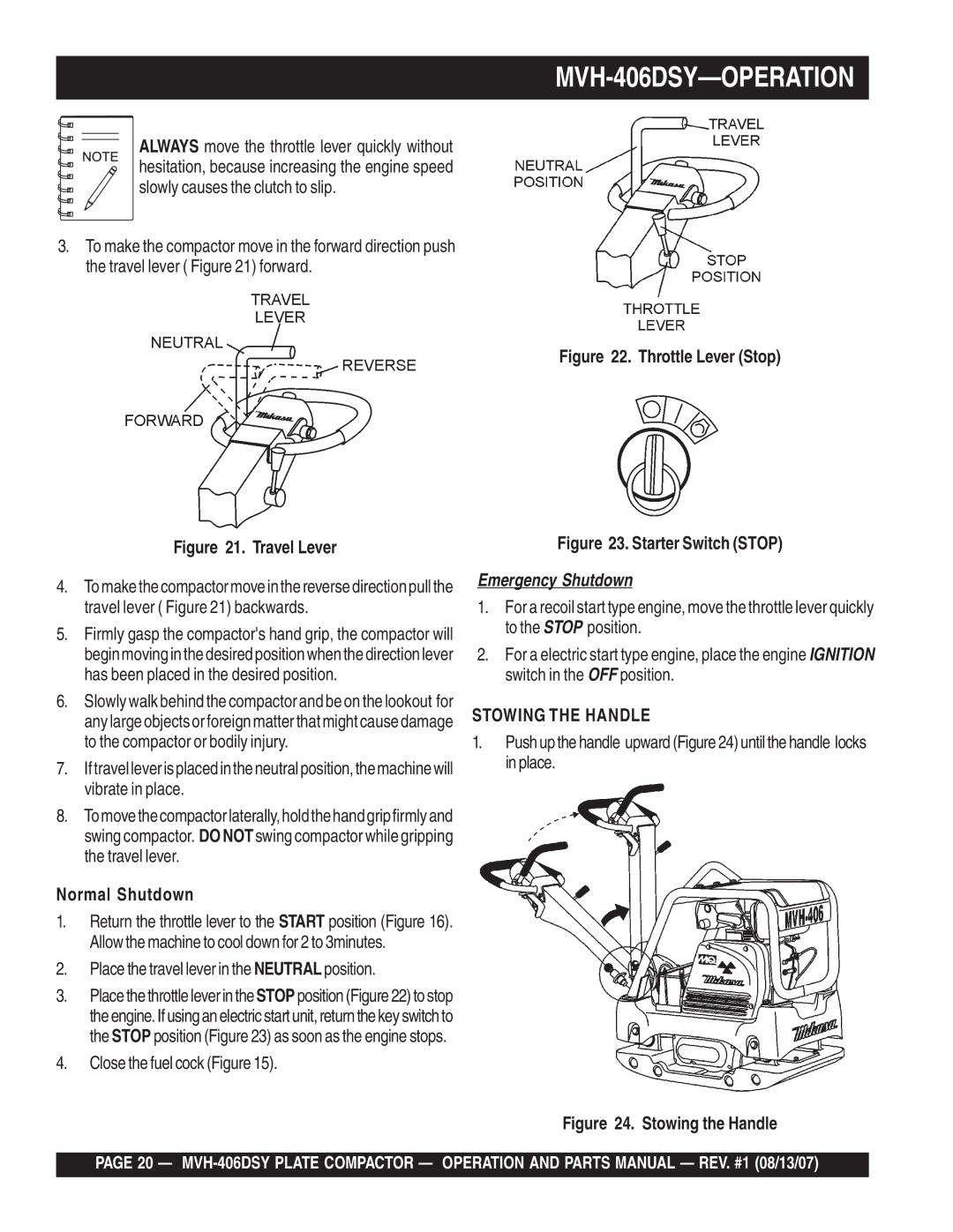 Multiquip manual MVH-406DSY-OPERATION, Normal Shutdown 