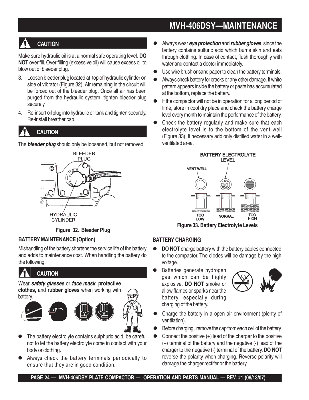 Multiquip manual MVH-406DSY-MAINTENANCE, Bleeder Plug Battery Maintenance Option 