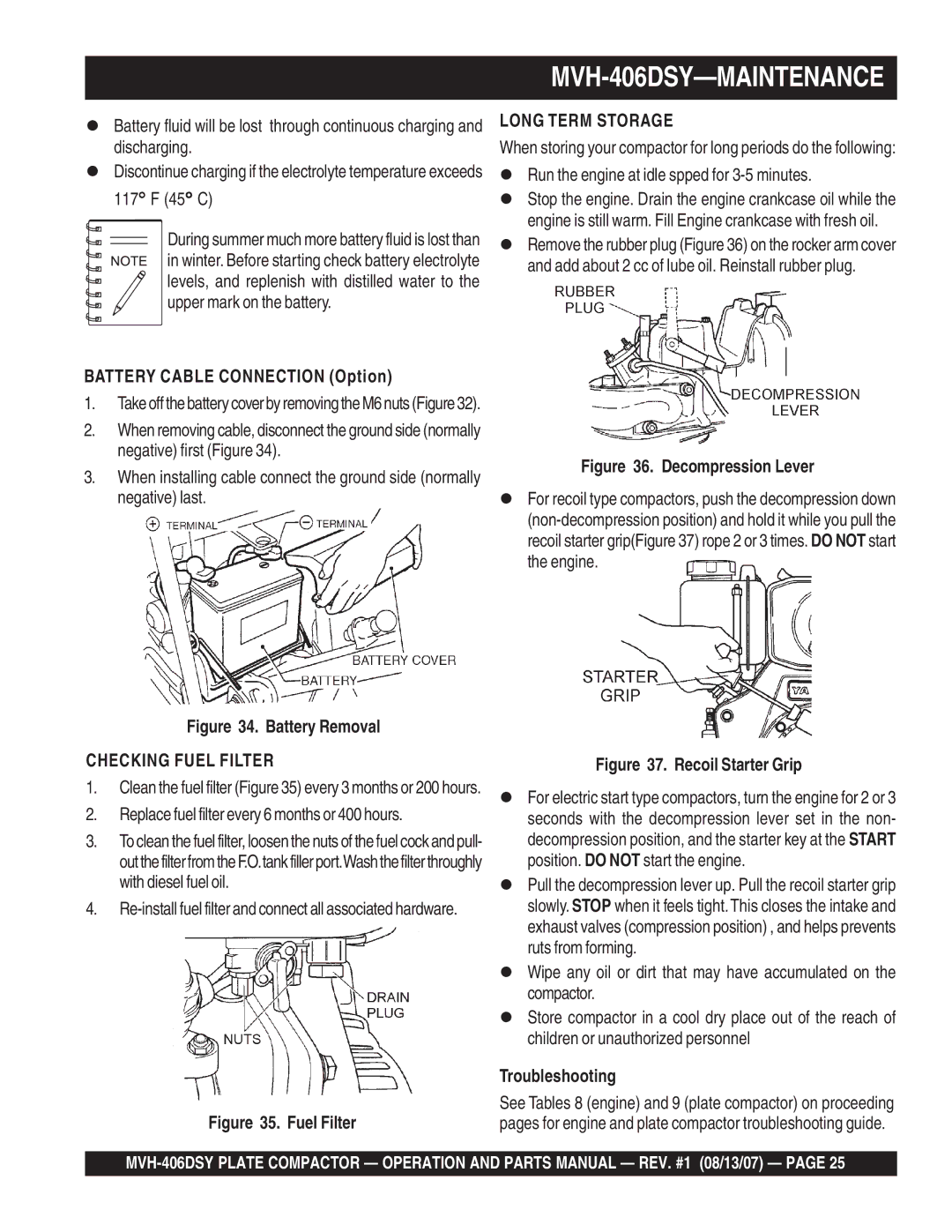 Multiquip MVH-406DSY manual Battery Cable Connection Option, Troubleshooting 