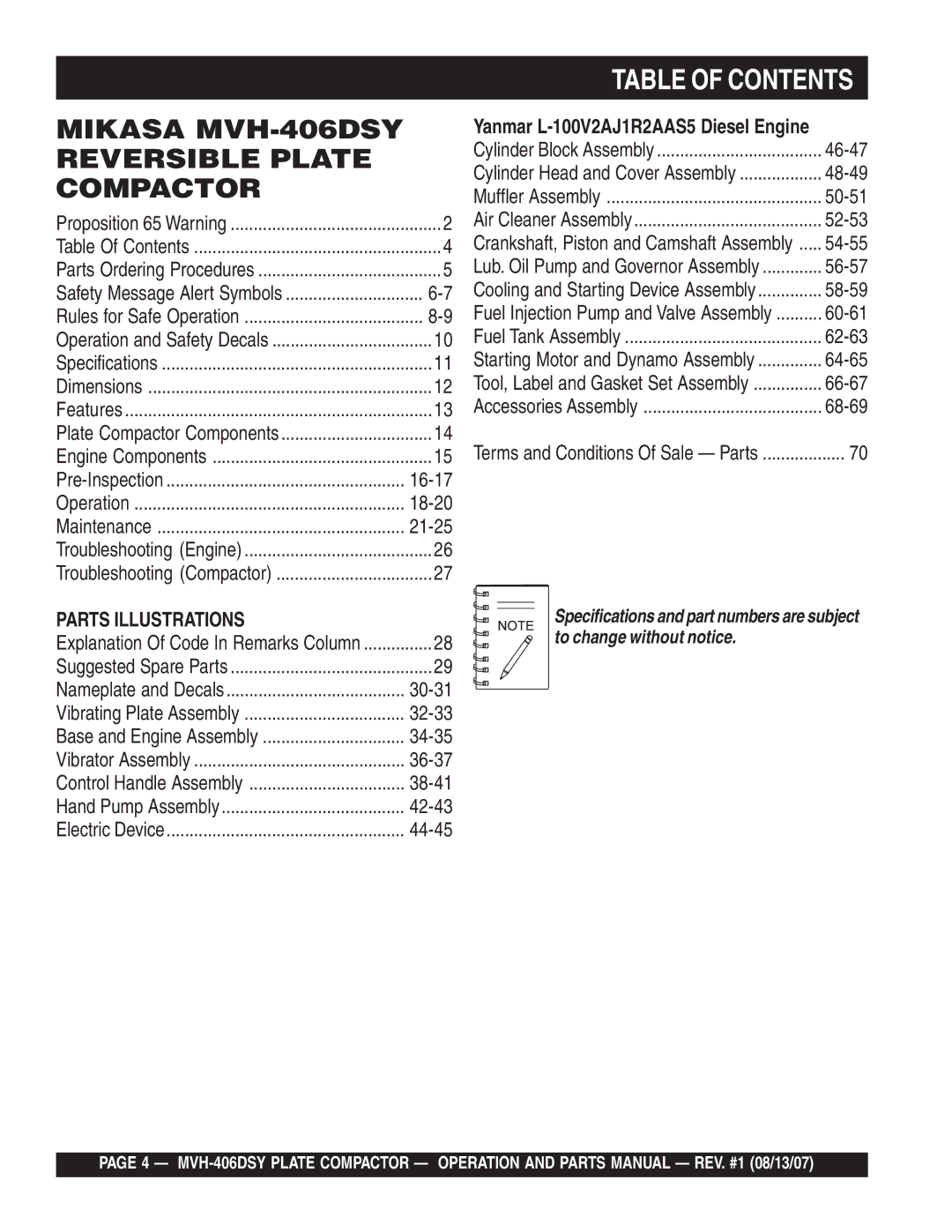 Multiquip MVH-406DSY manual Table of Contents 