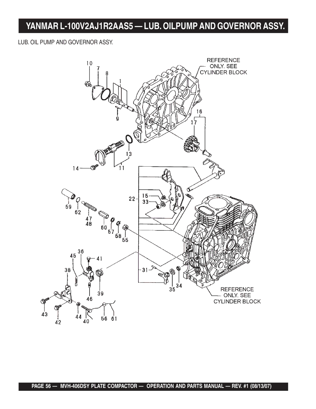 Multiquip MVH-406DSY manual Yanmar L-100V2AJ1R2AAS5 LUB. Oilpump and Governor Assy, LUB. OIL Pump and Governor Assy 